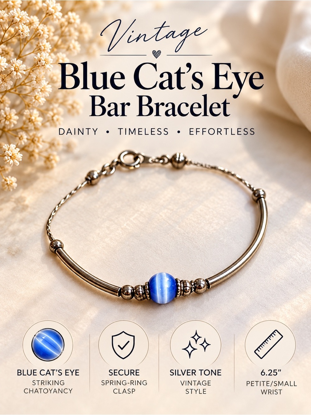 Vintage Blue Cat’s Eye Bracelet Silver Tone Dainty Petite 6.25”